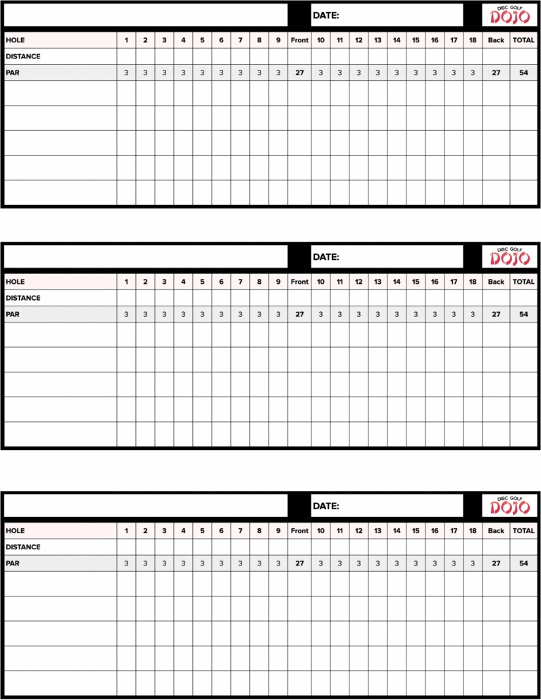 disc golf scorecard with 18 holes with par 3
