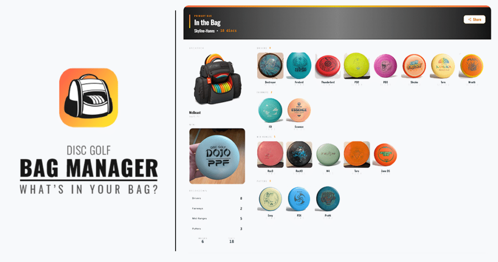 Disc Golf Bam Manager app showing an "In The Bag" from a user and logo on the left