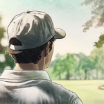 Disc golfer looking into a field and trees as if making a decision on what shot to throw