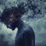 A man with his head down, with dark smoke and sparks emerging from his head, symbolizing stress and negative thoughts. The background is textured and moody, creating a sense of inner turmoil and mental struggle.