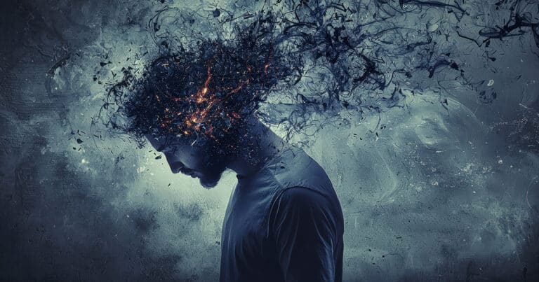 A man with his head down, with dark smoke and sparks emerging from his head, symbolizing stress and negative thoughts. The background is textured and moody, creating a sense of inner turmoil and mental struggle.