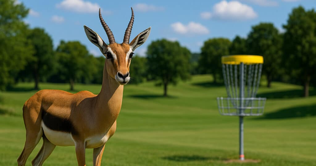 disc golf gazelle on the course with a basket in the background.