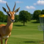 disc golf gazelle on the course with a basket in the background.