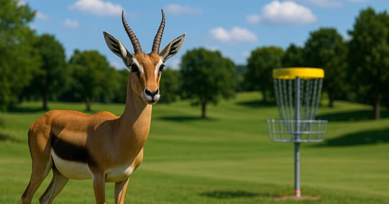 disc golf gazelle on the course with a basket in the background.