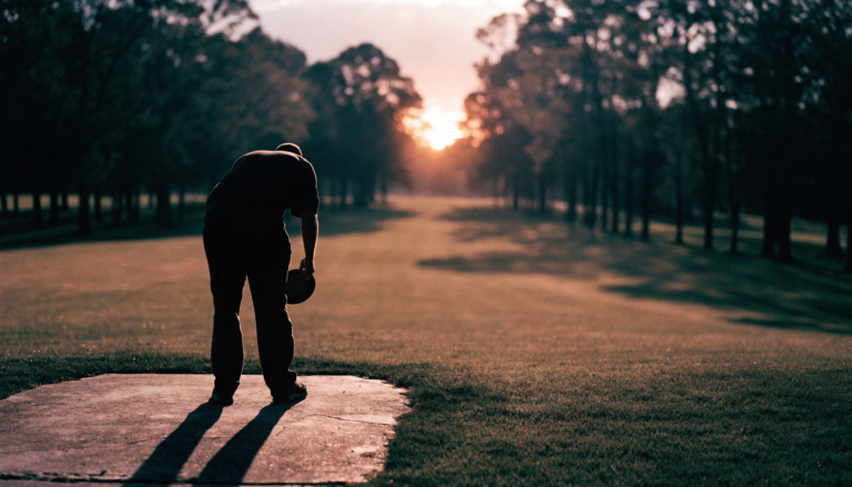 Disc golfer on a tee pad at golden hour, preparing to throw