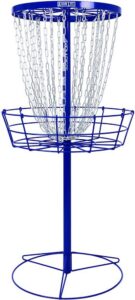 A blue metal disc golf basket with hanging chains and a wireframe catch area, standing on a circular base.