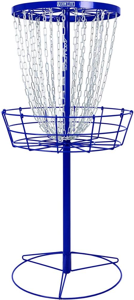 A blue metal disc golf basket with hanging chains and a wireframe catch area, standing on a circular base.