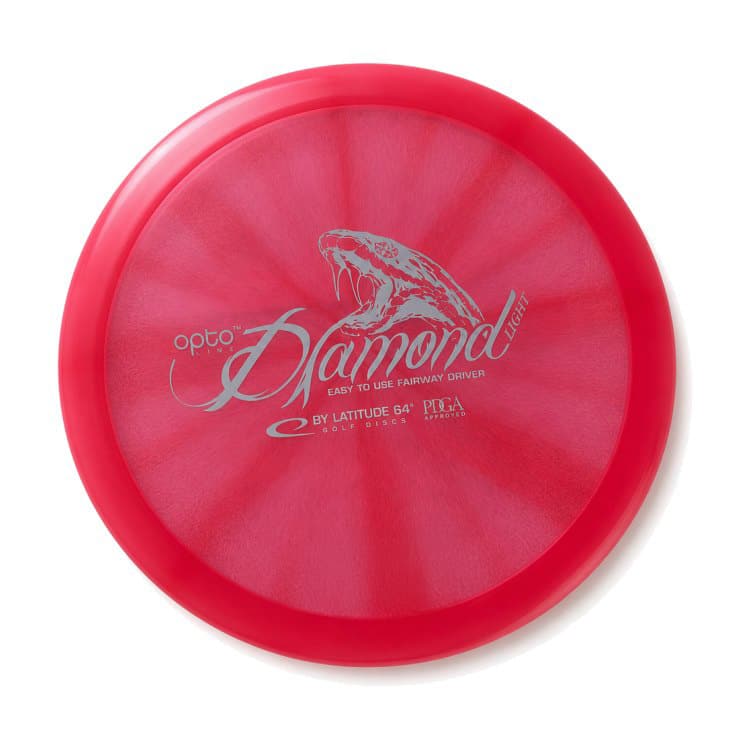 A red disc golf driver with light swirl patterns and silver text saying “Diamond” with a snake head graphic. The disc is labeled “Opto Diamond Light” by Latitude 64°, PDGA approved.