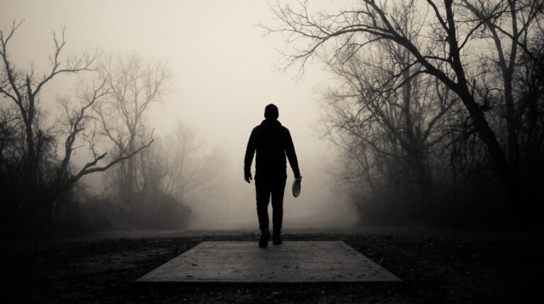 A lone disc golfer standing still on a tee pad in heavy fog, seen from behind